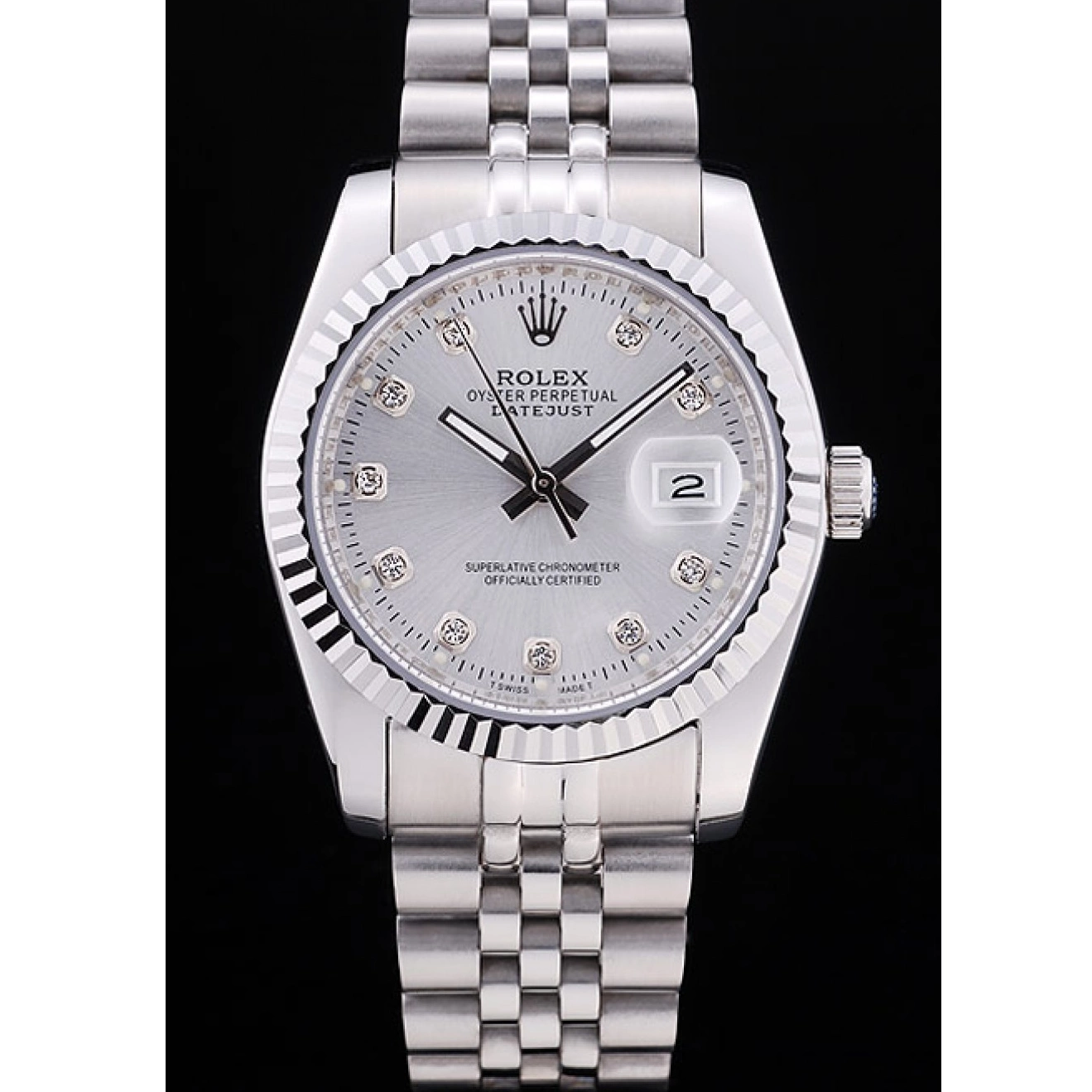 Aaa replica watch Dial Ribbed Diamonds Datejust Rolex 7455 Bezel Silver 0721